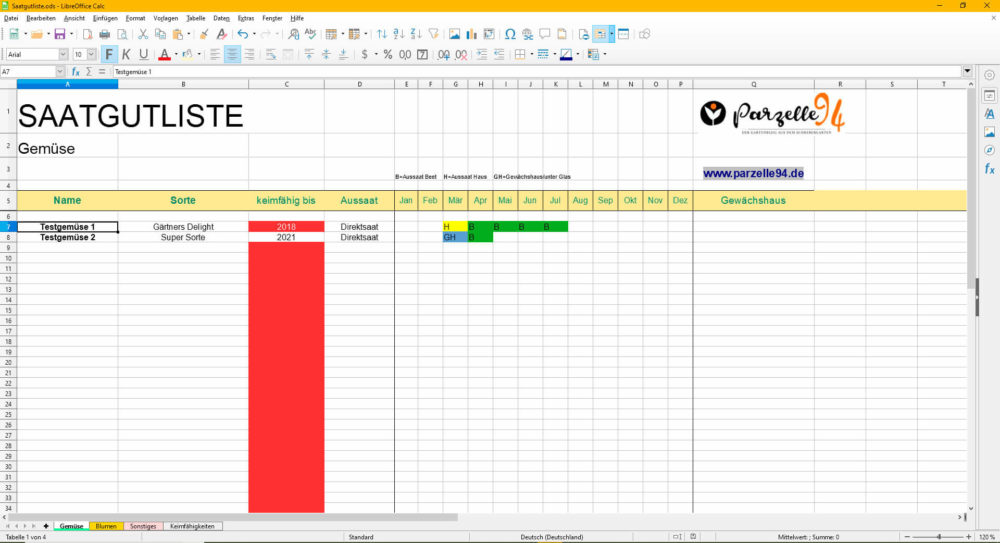 Saatgutliste in einer Tabellenkalkulation